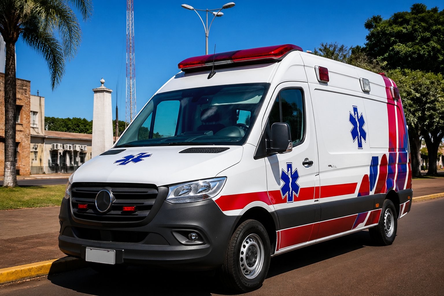 Ambulância moderna estacionada em uma rua de São Pedro do Iguaçu durante o dia, com árvores e prédios ao fundo.
