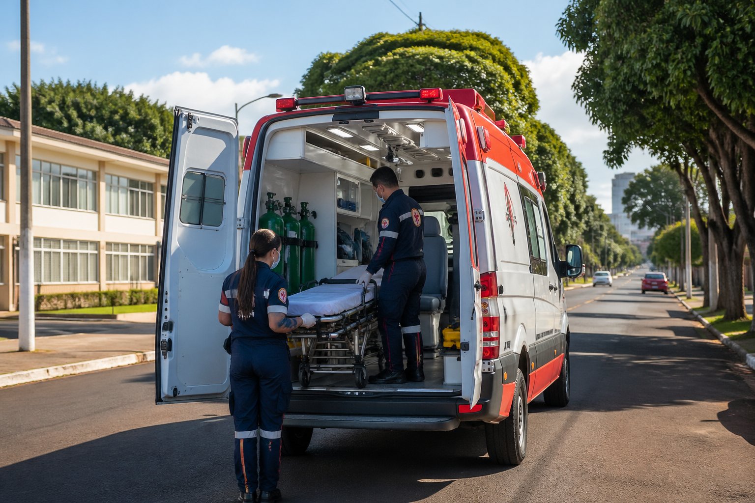 Ambulância em Ouro Verde do Oeste: Serviços de Emergência Médica e Transporte de Pacientes na Região Ambulância em uma rua de Ouro Verde do Oeste com paramédicos atendendo, mostrando a estrutura dos serviços de emergência locais.