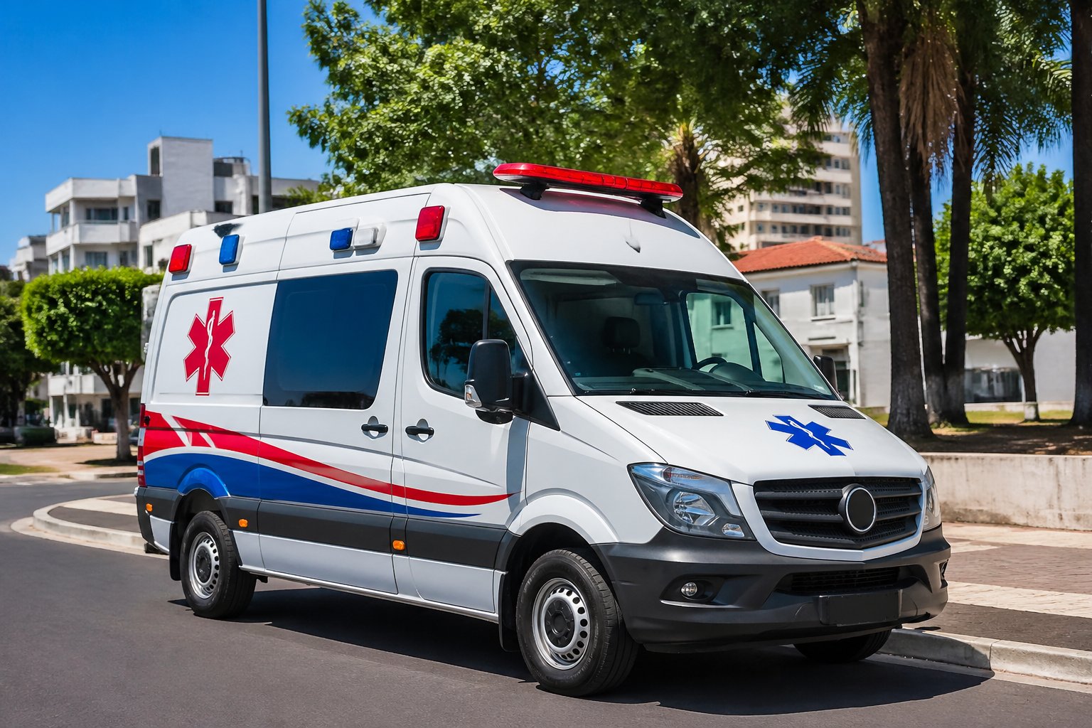 Ambulância em Ouro Verde do Oeste: Serviços de Emergência Médica e Transporte de Pacientes na Região Uma ambulância moderna estacionada em uma rua urbana ensolarada de Ouro Verde do Oeste, com prédios pequenos e árvores ao redor.
