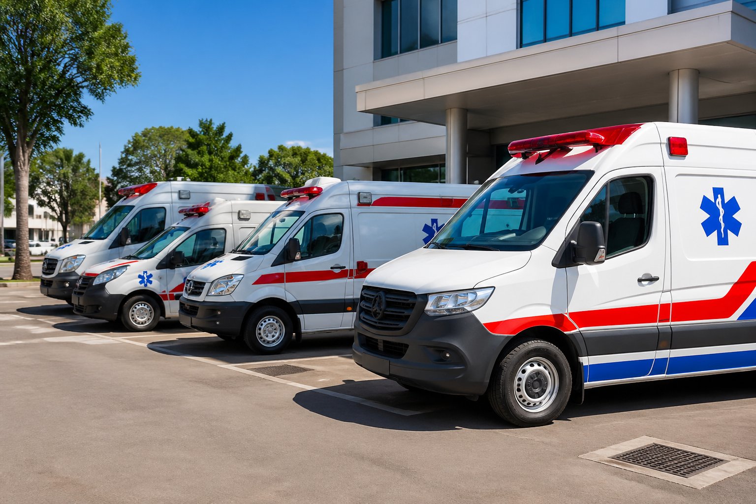 Várias ambulâncias estacionadas em frente a um hospital moderno em Tupãssi, sob céu claro e ensolarado.