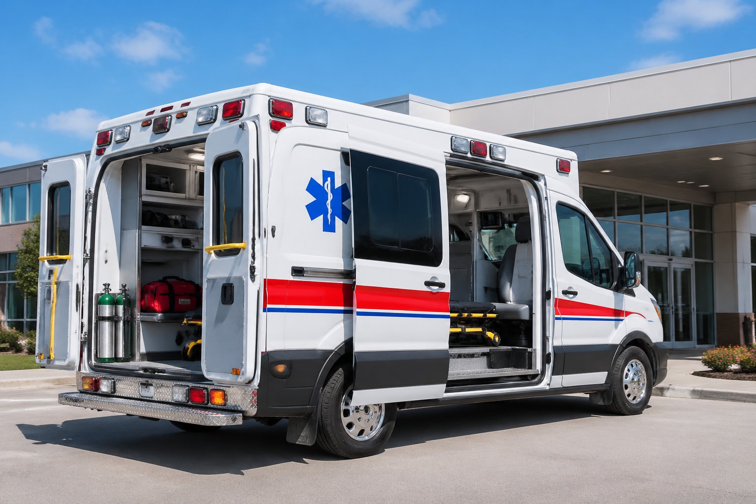 Ambulância branca com equipamentos médicos essenciais estacionada em frente a um hospital em Tupãssi.