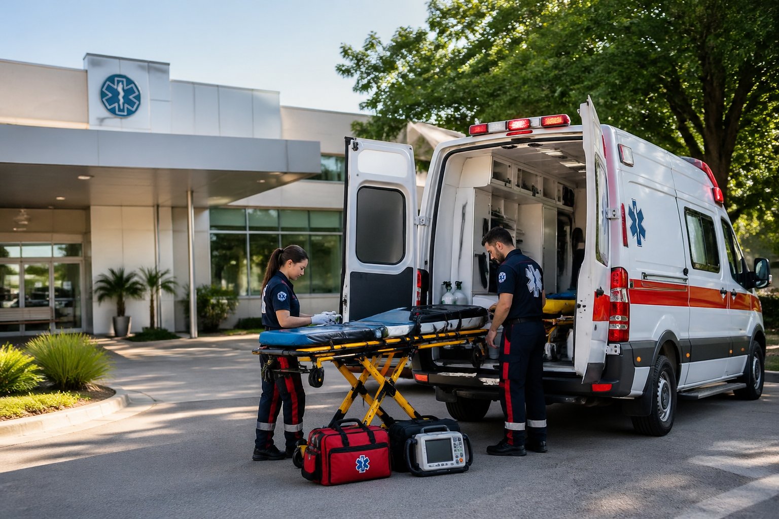 Ambulância estacionada em frente a um hospital com paramédicos preparando equipamentos médicos.