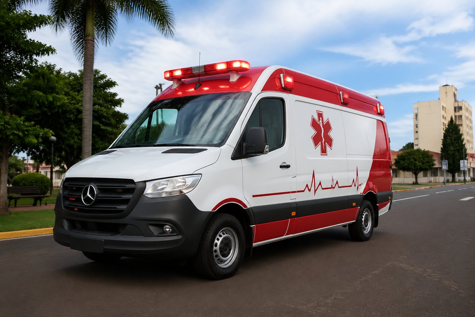 Ambulância estacionada em uma rua de Cafelândia durante o dia, com árvores e prédios ao fundo.