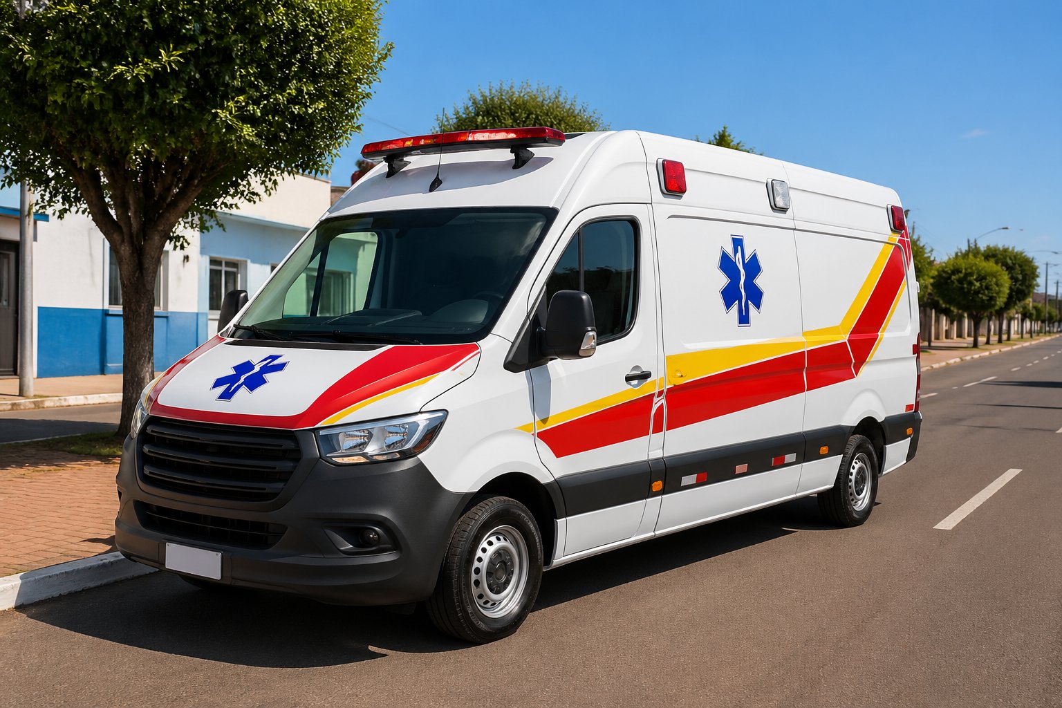 Ambulância branca com faixas vermelhas e amarelas estacionada em uma rua de uma pequena cidade, com árvores e prédios ao fundo em um dia ensolarado.
