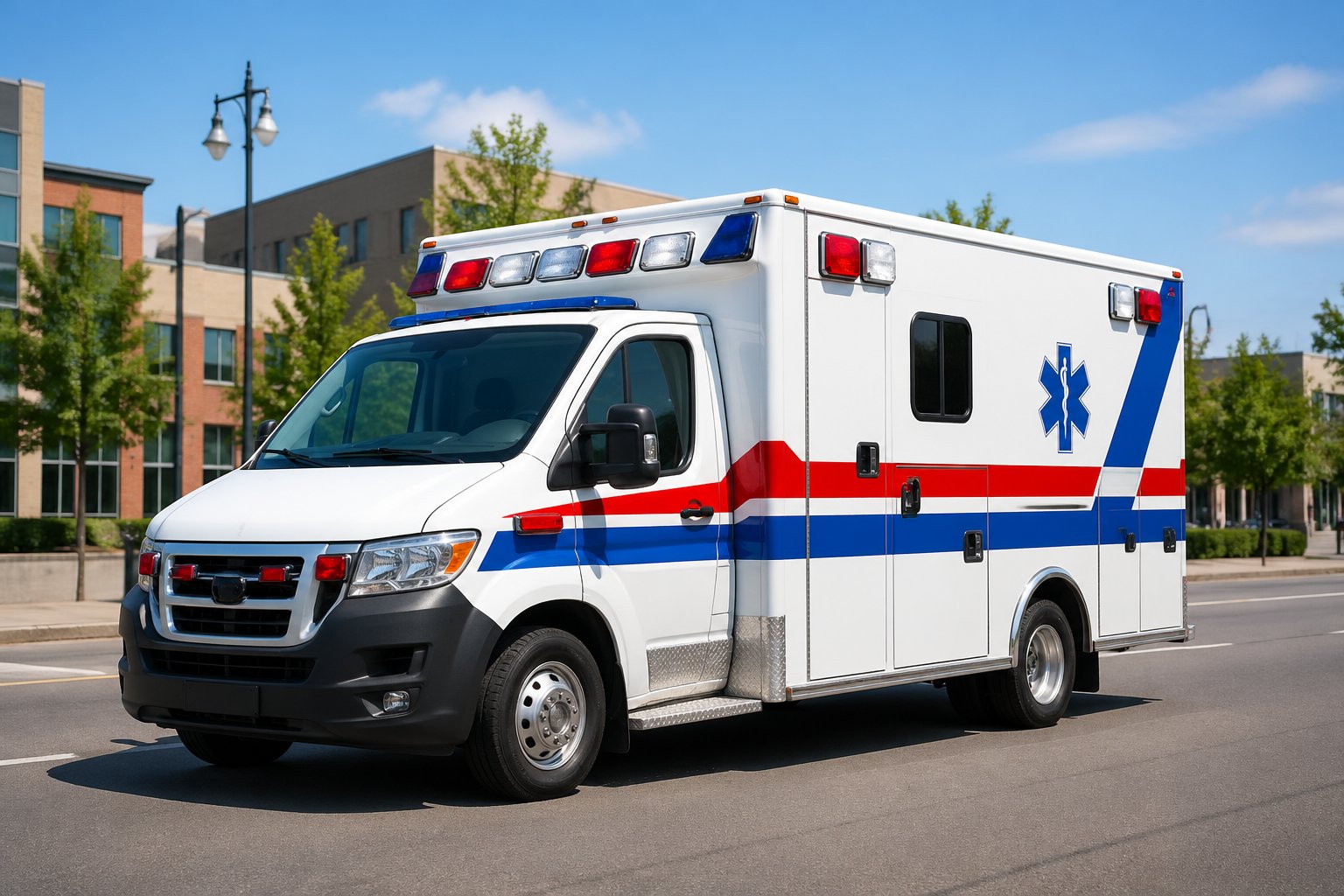 Ambulância branca com marcações vermelhas e azuis estacionada em uma rua urbana tranquila em Maripá durante o dia.