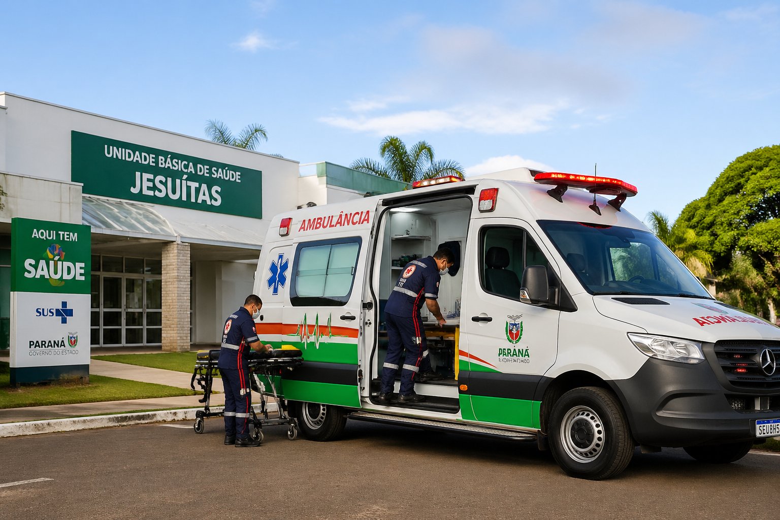 Ambulância estacionada em frente a um hospital em Jesuítas, com paramédicos ao redor, pronta para atendimento médico.