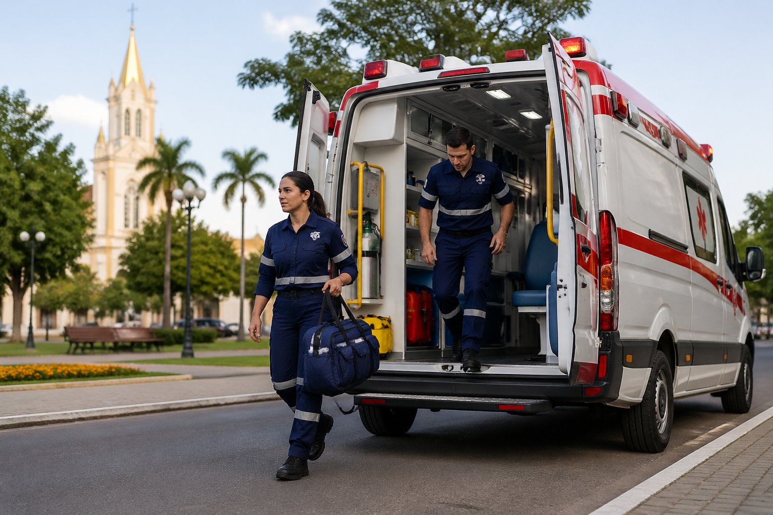 Ambulância estacionada em uma rua de Jesuítas com profissionais de saúde próximos, em um ambiente urbano durante o dia.