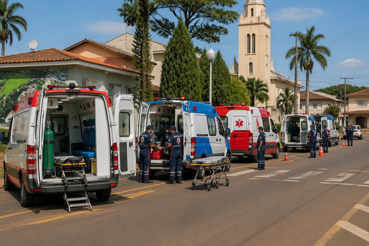 Vários tipos de ambulâncias estacionadas em uma rua limpa de Formosa do Oeste, com paramédicos próximos, em um ambiente urbano pequeno e ensolarado.