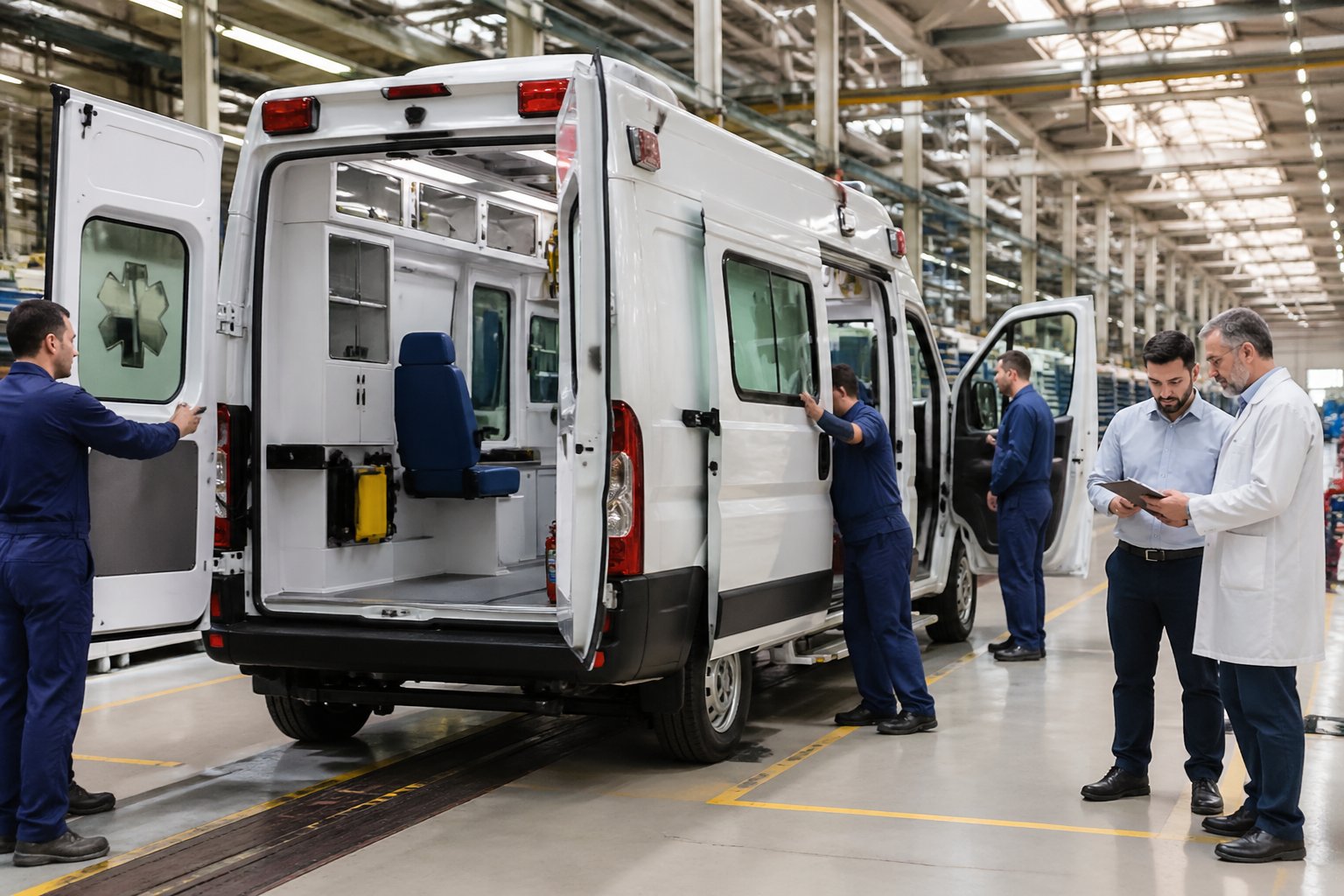 Técnicos trabalhando na montagem e inspeção de uma ambulância em uma fábrica moderna.