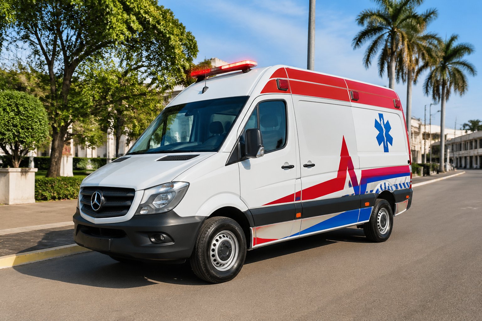 Ambulância em Francisco Alves: Serviço de Emergência Médica Rápido e Eficiente Ambulância branca com marcações vermelhas e azuis estacionada em uma rua urbana de Francisco Alves durante o dia.