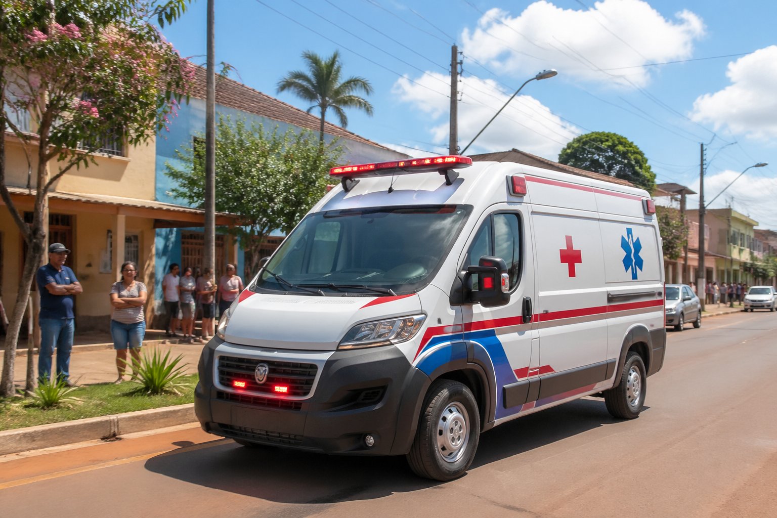 Ambulância em Francisco Alves: Serviço de Emergência Médica Rápido e Eficiente Uma ambulância estacionada em uma rua de uma pequena cidade, com algumas pessoas ao redor e prédios ao fundo.