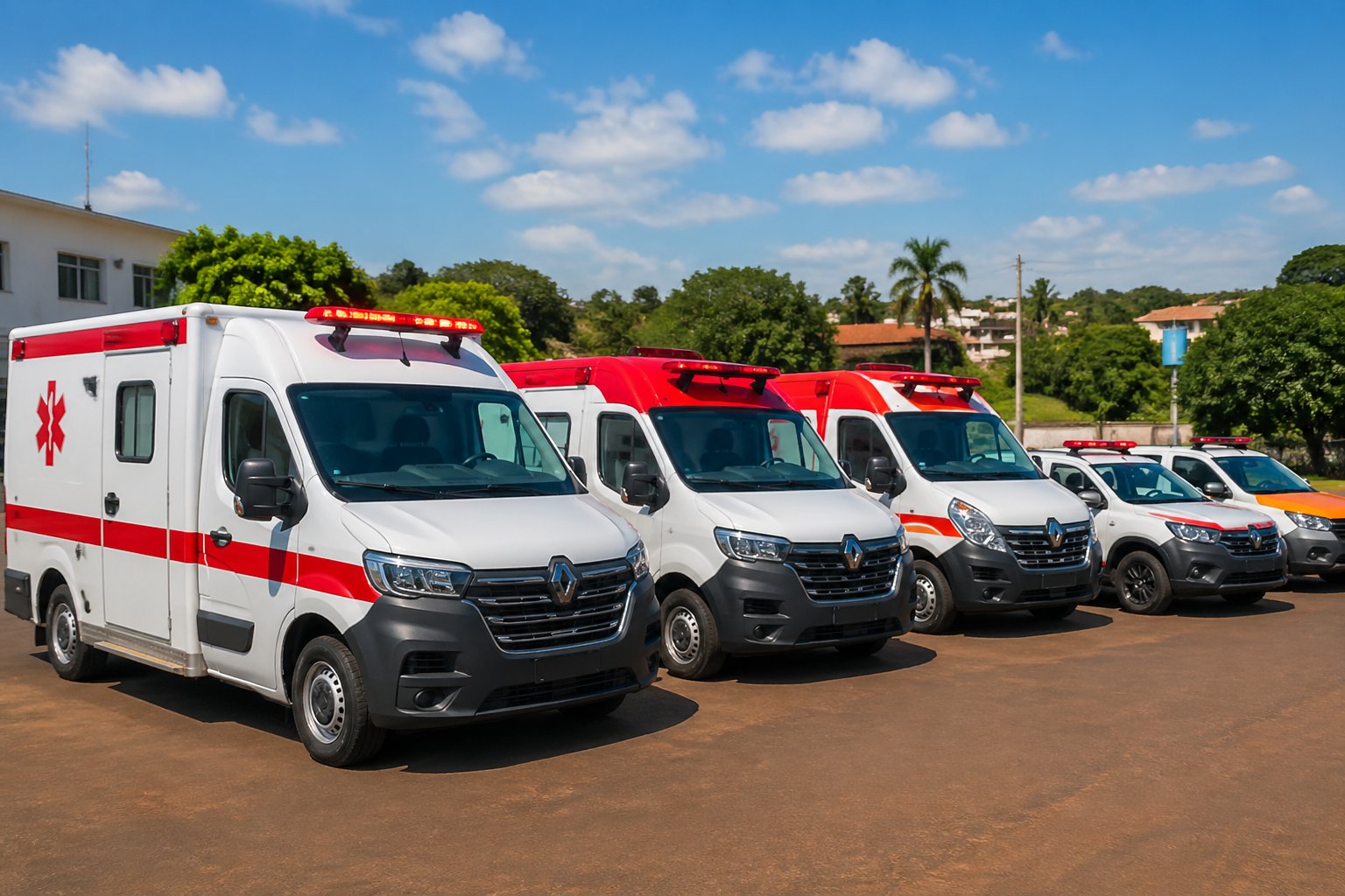 Vários tipos de ambulâncias estacionadas ao ar livre em Iporã, com céu claro e elementos urbanos ao fundo.