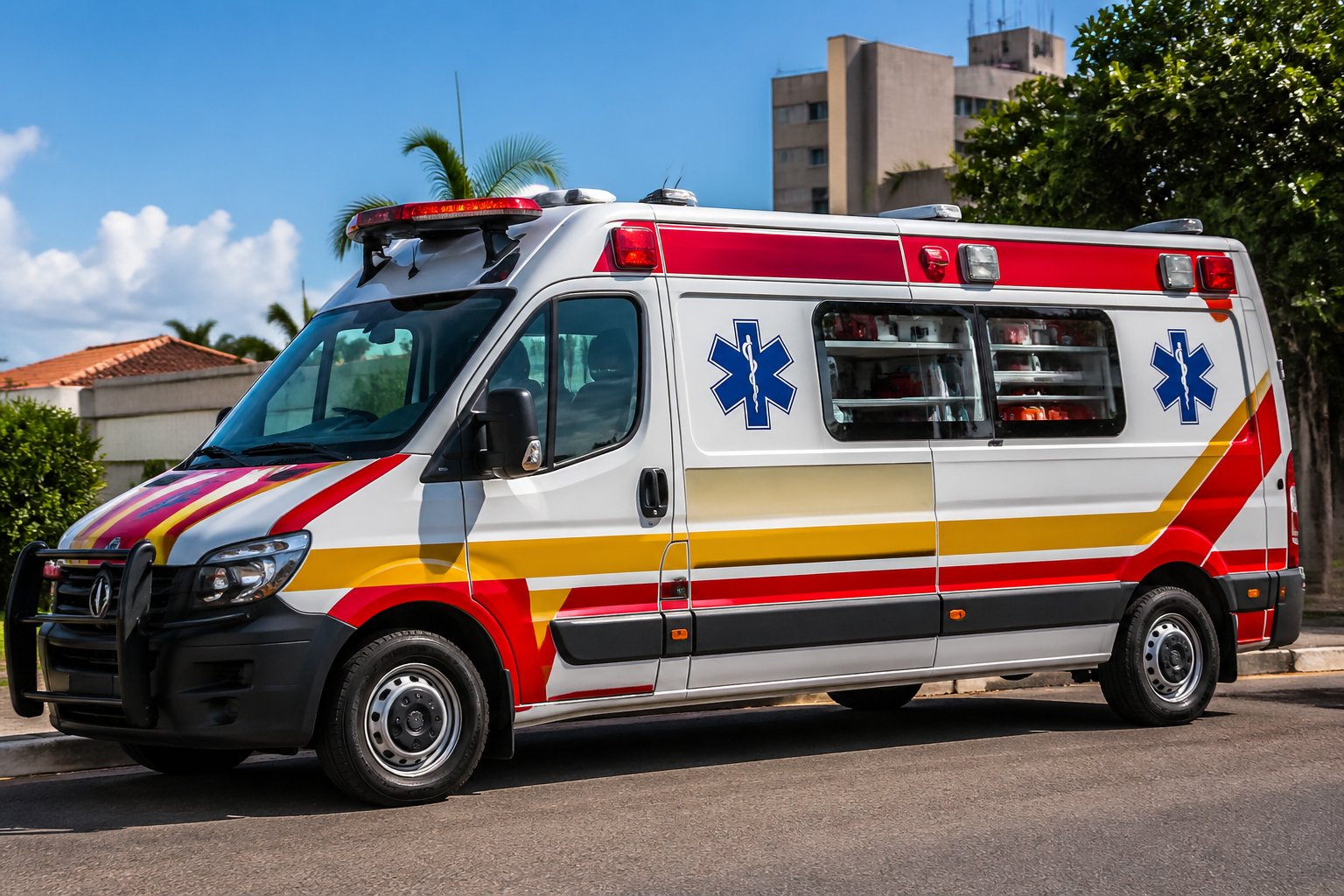 Uma ambulância moderna estacionada em uma rua de Iporã durante o dia, mostrando seus equipamentos essenciais e detalhes visíveis.