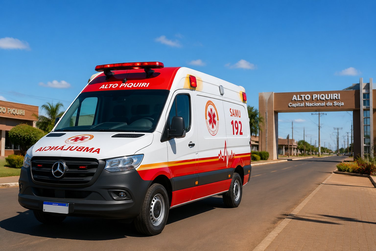 Ambulância branca com marcações vermelhas e amarelas estacionada em uma rua limpa em Alto Piquiri, com prédios urbanos e vegetação ao fundo sob céu azul.