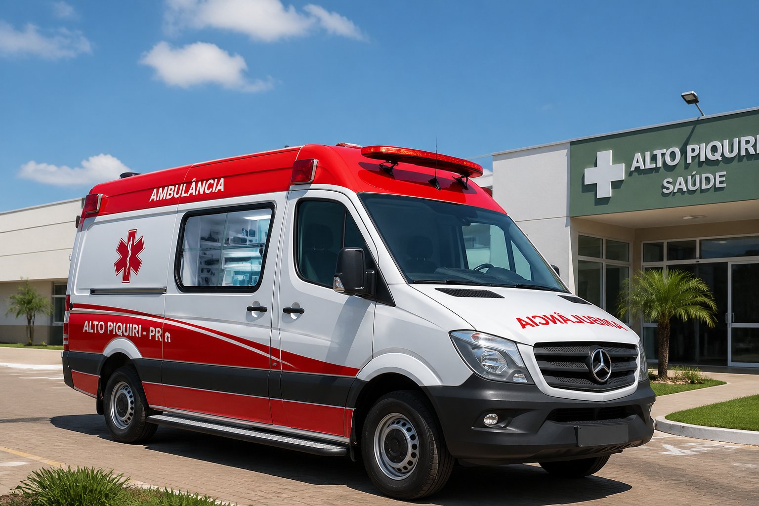Ambulância moderna estacionada em frente a uma unidade de saúde em Alto Piquiri, com equipamentos médicos visíveis e céu claro ao fundo.