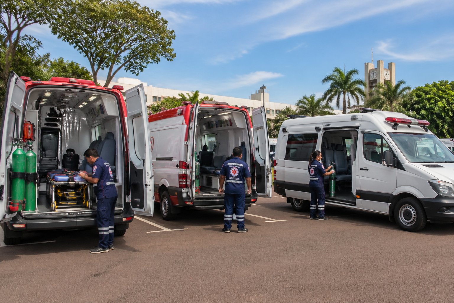 Ambulância em Altônia: Serviços de Transporte Médico de Emergência na Região Vários tipos de ambulâncias estacionadas em Altônia, com paramédicos próximos, mostrando diferentes veículos de emergência em um ambiente urbano.