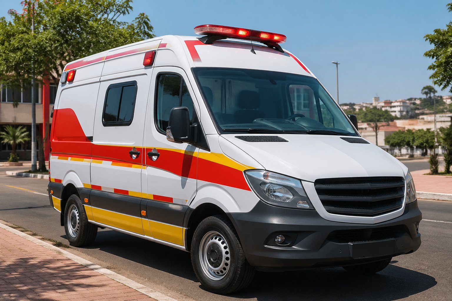 Ambulância em Altônia: Serviços de Transporte Médico de Emergência na Região Ambulância branca com faixas vermelhas e amarelas estacionada em uma área urbana limpa em Altônia, Brasil.