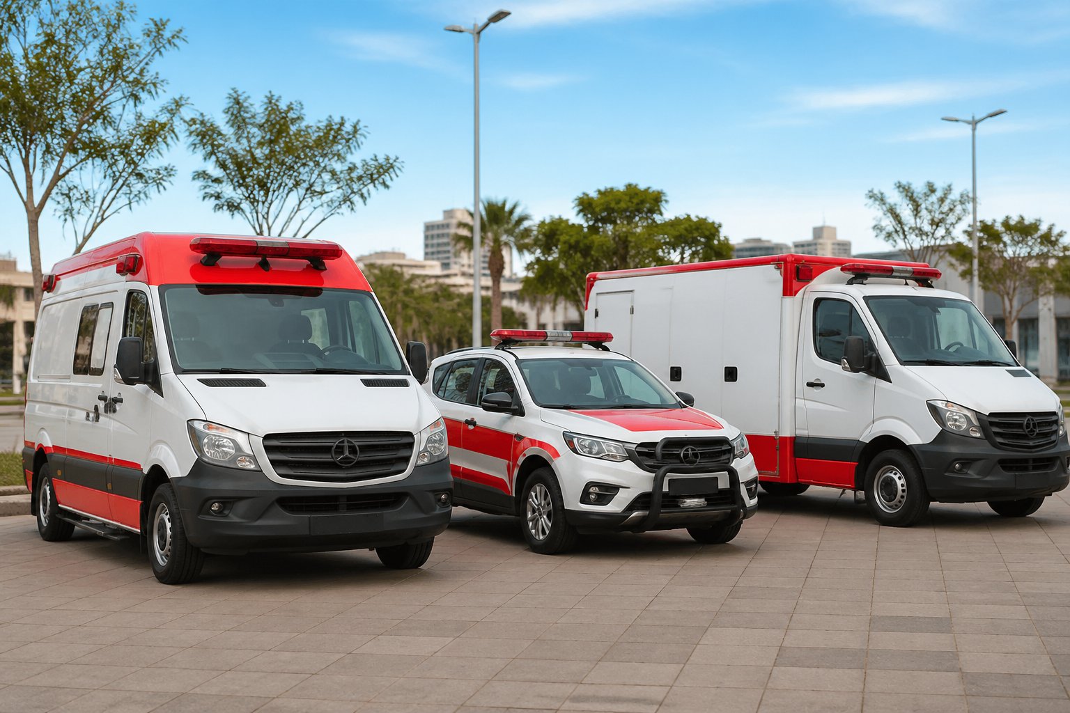 Vários tipos de ambulâncias estacionadas em uma área urbana limpa e organizada, representando serviços de emergência em Perobal.