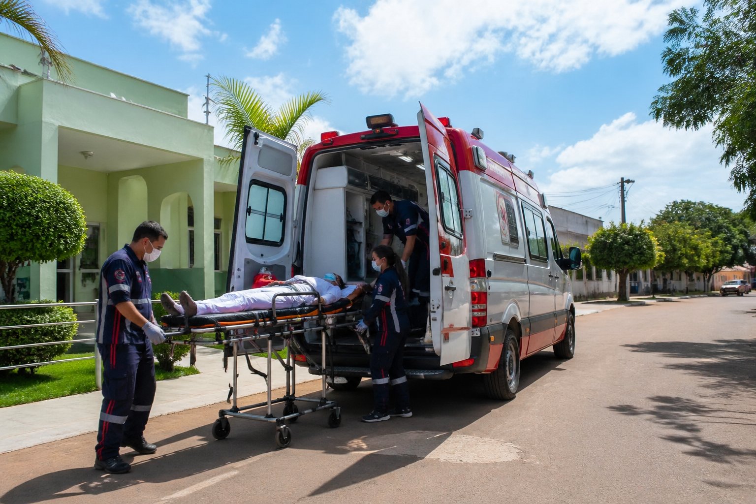 Uma ambulância estacionada em uma rua de Perobal, com profissionais de saúde auxiliando um paciente em uma maca próximo ao veículo.