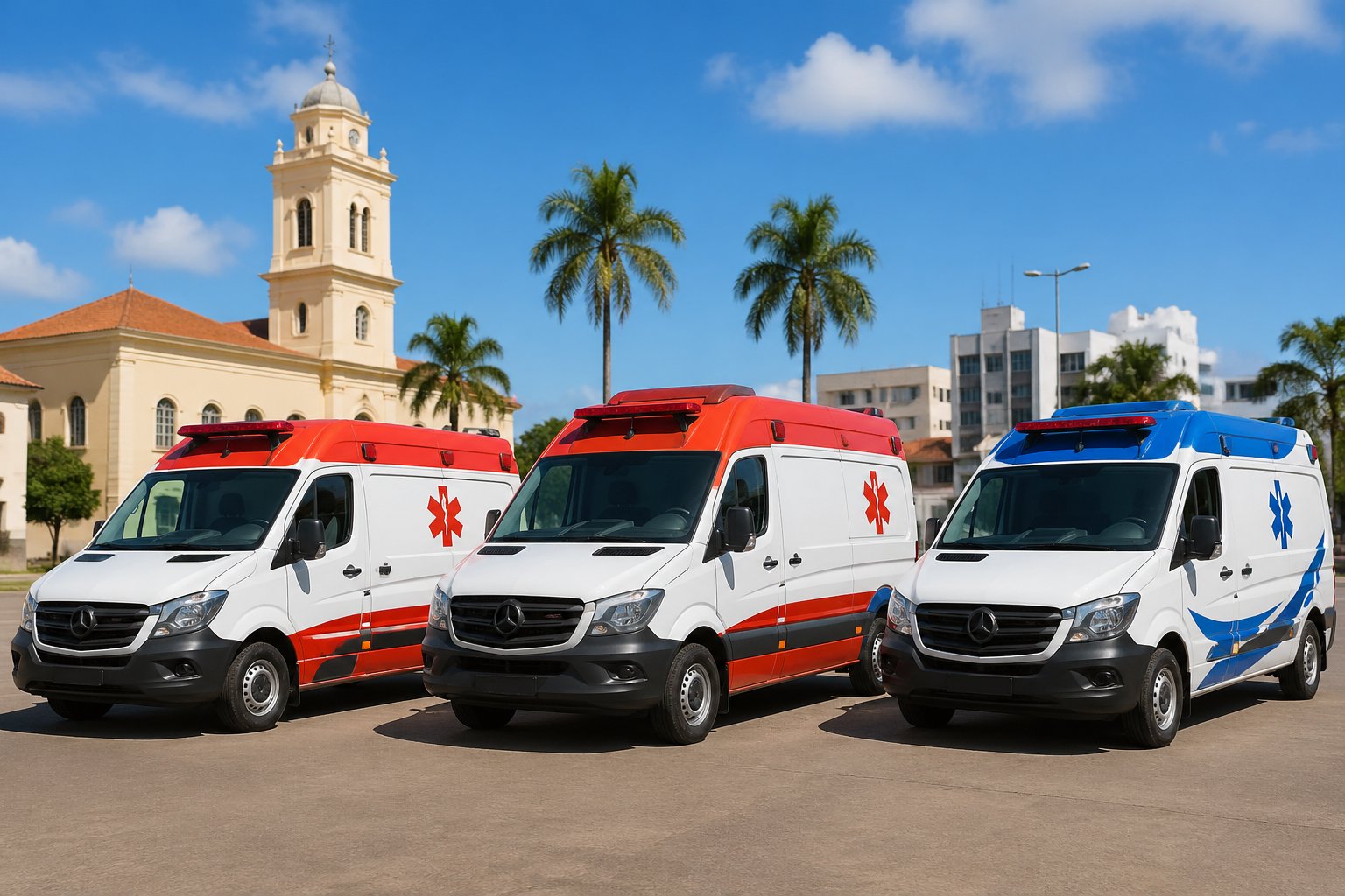 Três ambulâncias diferentes estacionadas lado a lado em uma rua urbana de Mariluz, com árvores e prédios ao fundo.