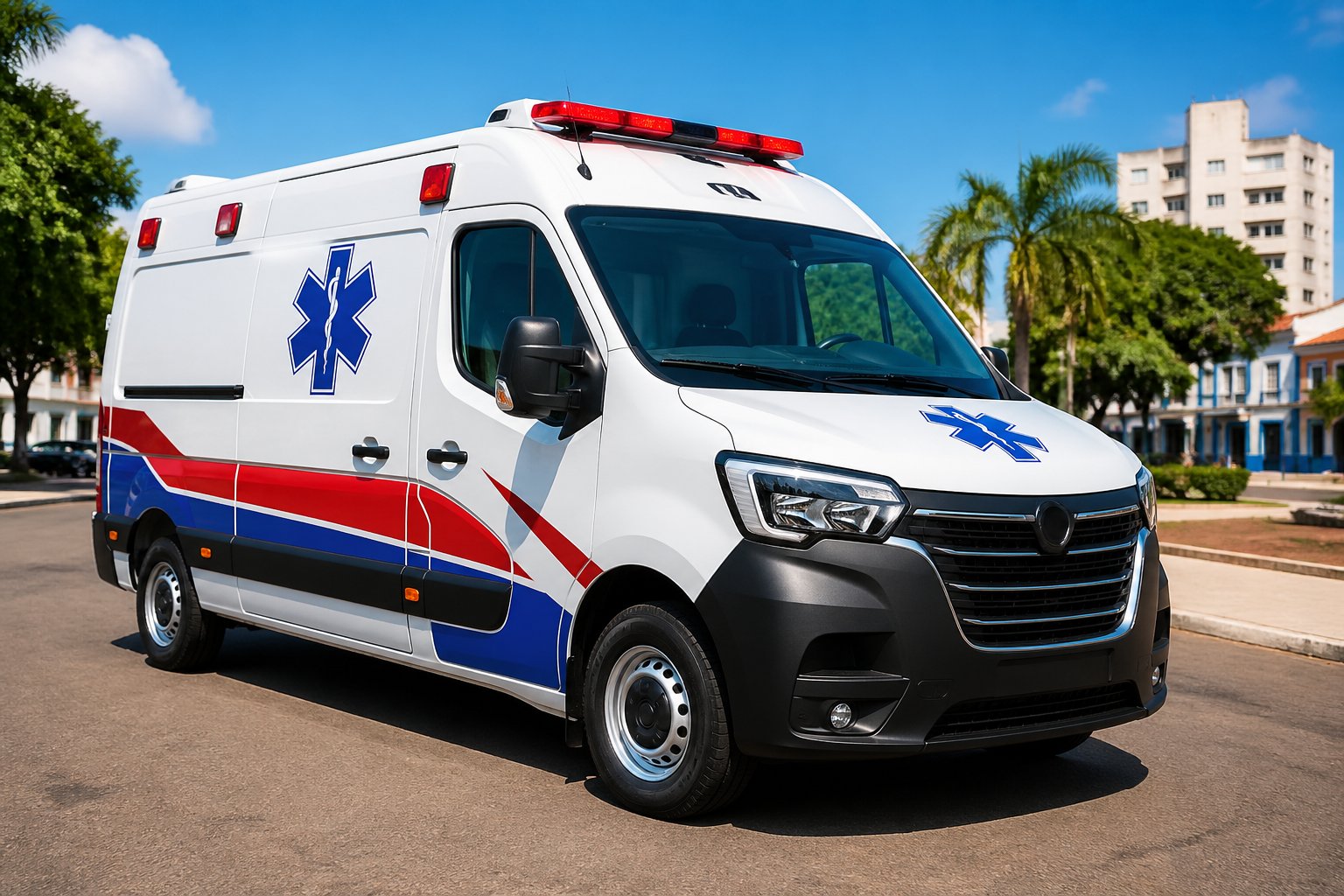 Ambulância moderna estacionada em ambiente urbano com árvores e prédios ao fundo em Mariluz.