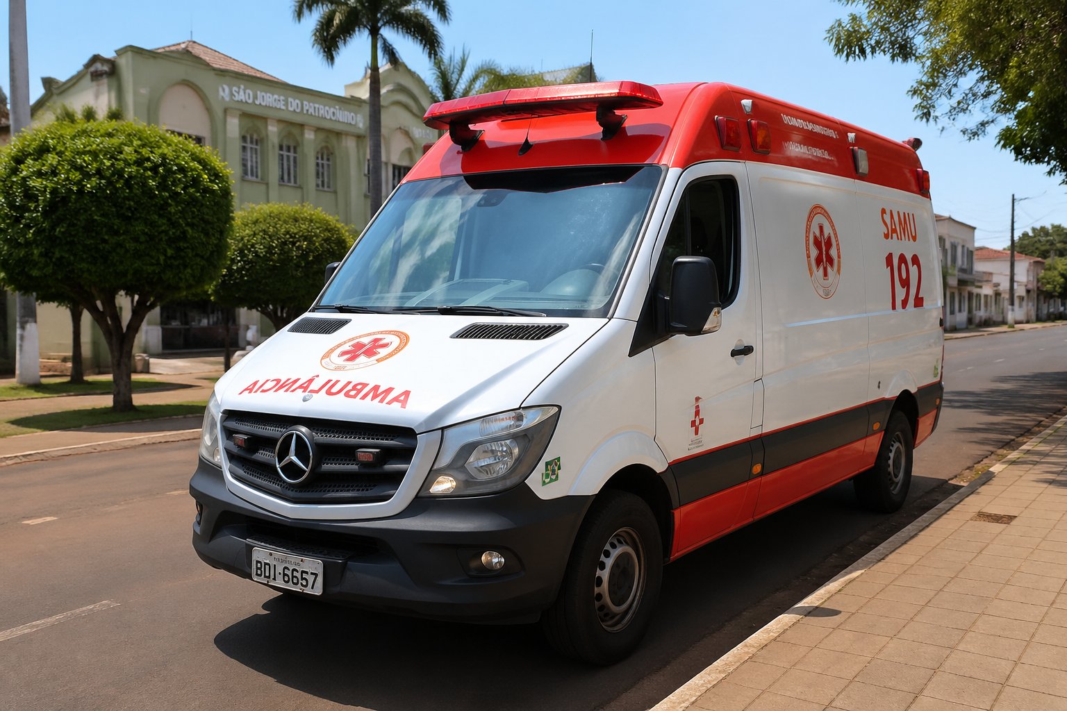 Uma ambulância moderna estacionada em uma rua de São Jorge do Patrocínio, com prédios e árvores ao redor.