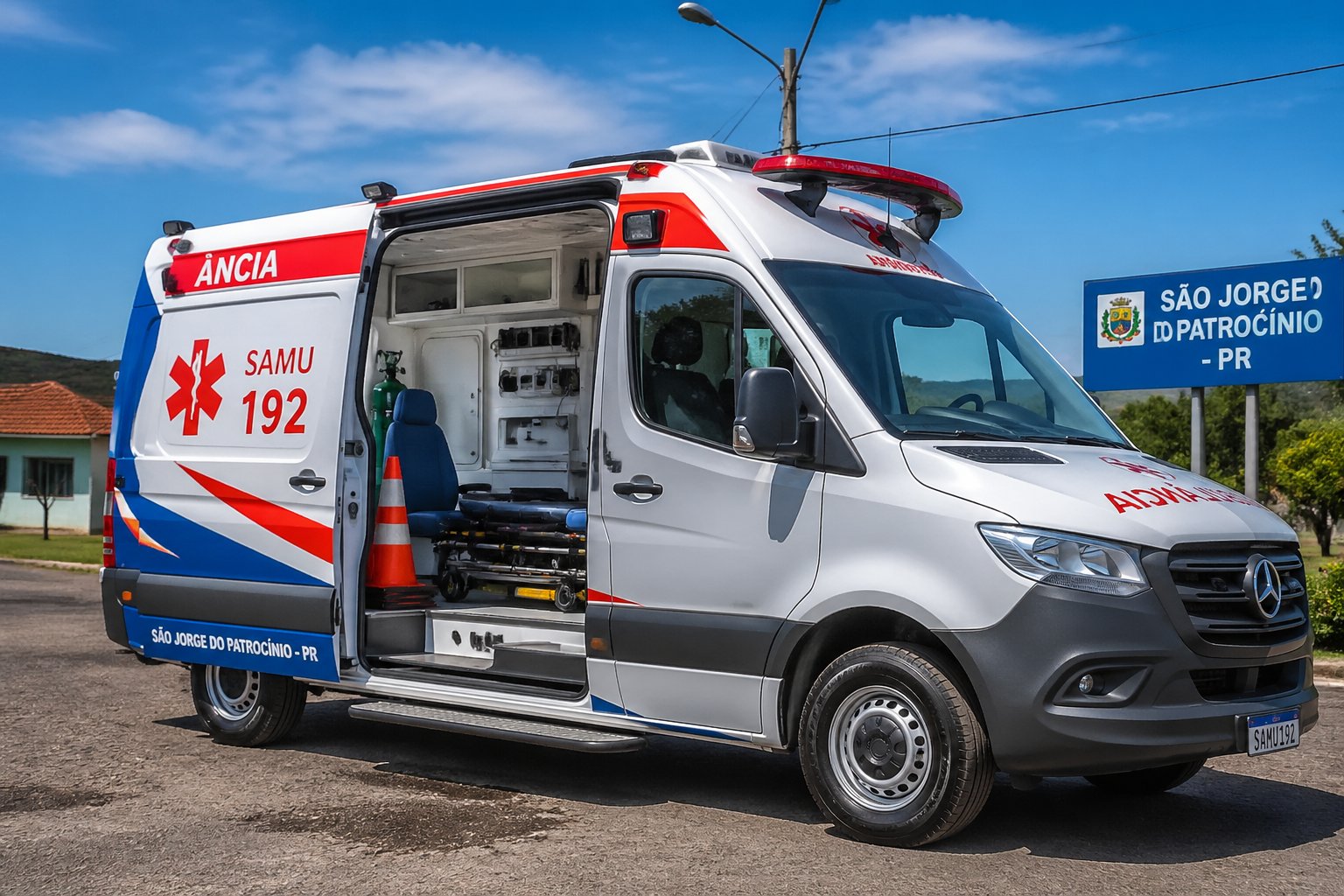 Ambulância moderna estacionada ao ar livre em São Jorge do Patrocínio, com portas abertas mostrando equipamentos médicos avançados, em um ambiente com árvores e construções simples ao fundo.