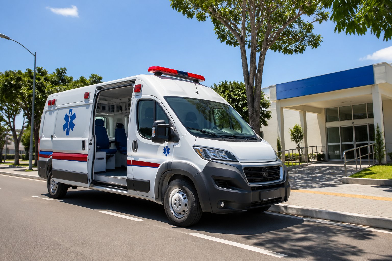 Ambulância em Xambrê: Serviços de Emergência Médica e Transporte na Região Uma ambulância branca com marcas vermelhas e azuis estacionada em uma rua urbana tranquila em Xambrê, Brasil, com árvores e prédios ao fundo.