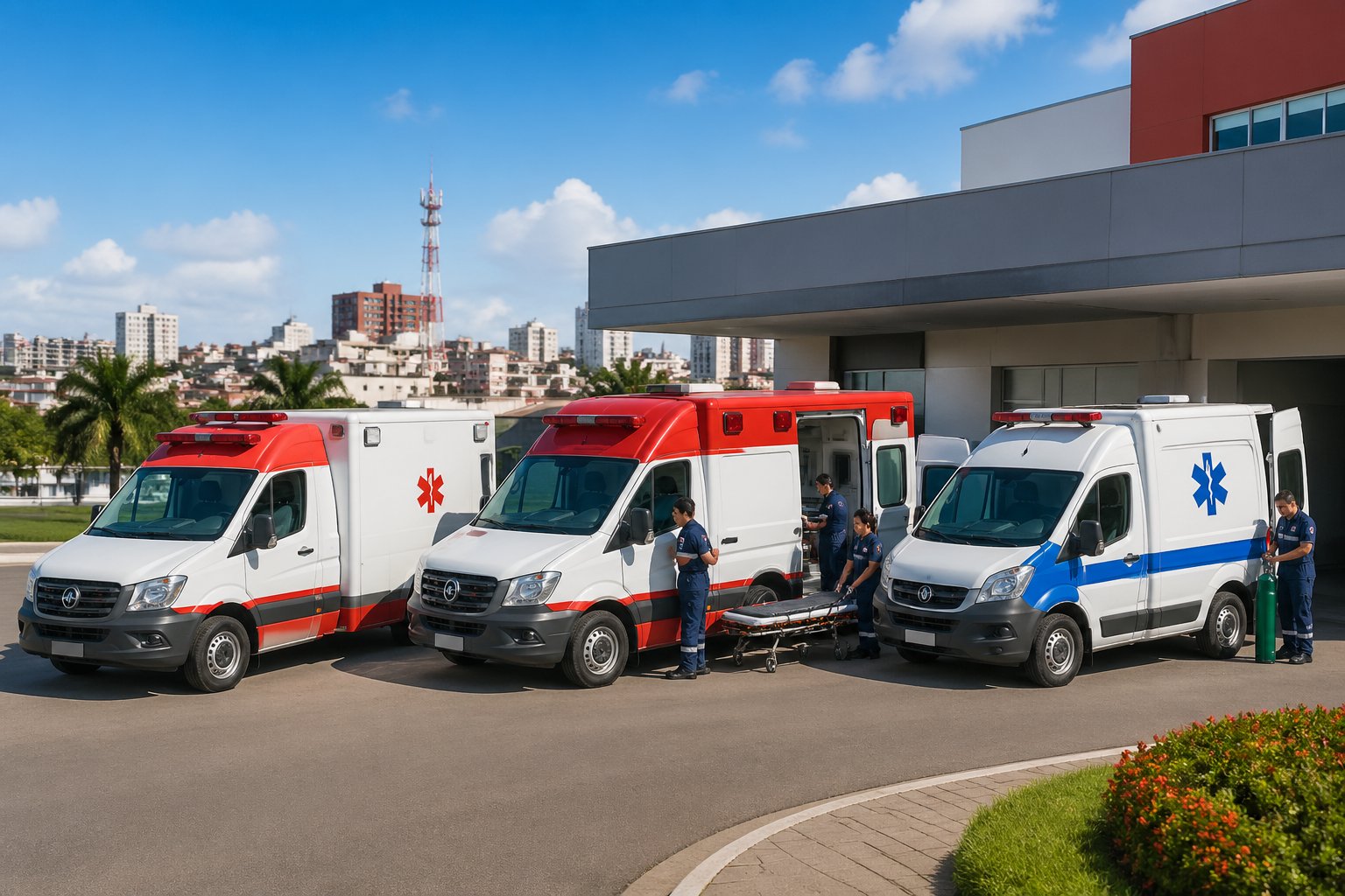 Ambulância em Maria Helena: Serviços de Emergência Médica e Transporte na Cidade Vários tipos de ambulâncias estacionadas em frente a uma unidade médica em Maria Helena, com profissionais de saúde próximos aos veículos.