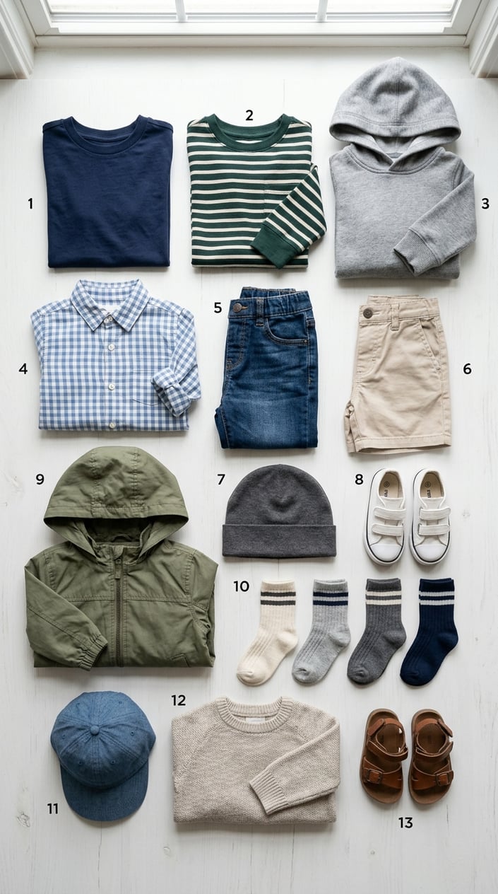 13 Little Boy Outfit Staples for Dads Who Refuse to Shop the Character Section 2 A flat lay of 13 classic little boy clothing items arranged neatly on a white background, including t-shirts, jeans, shorts, hoodies, sneakers, a cap, and socks.