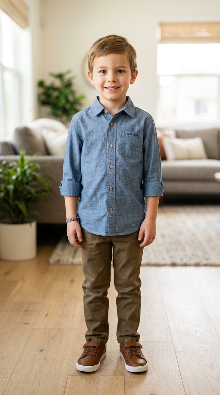 13 Little Boy Outfit Staples for Dads Who Refuse to Shop the Character Section 3 A young boy wearing a chambray button-up shirt standing indoors with a blurred background.