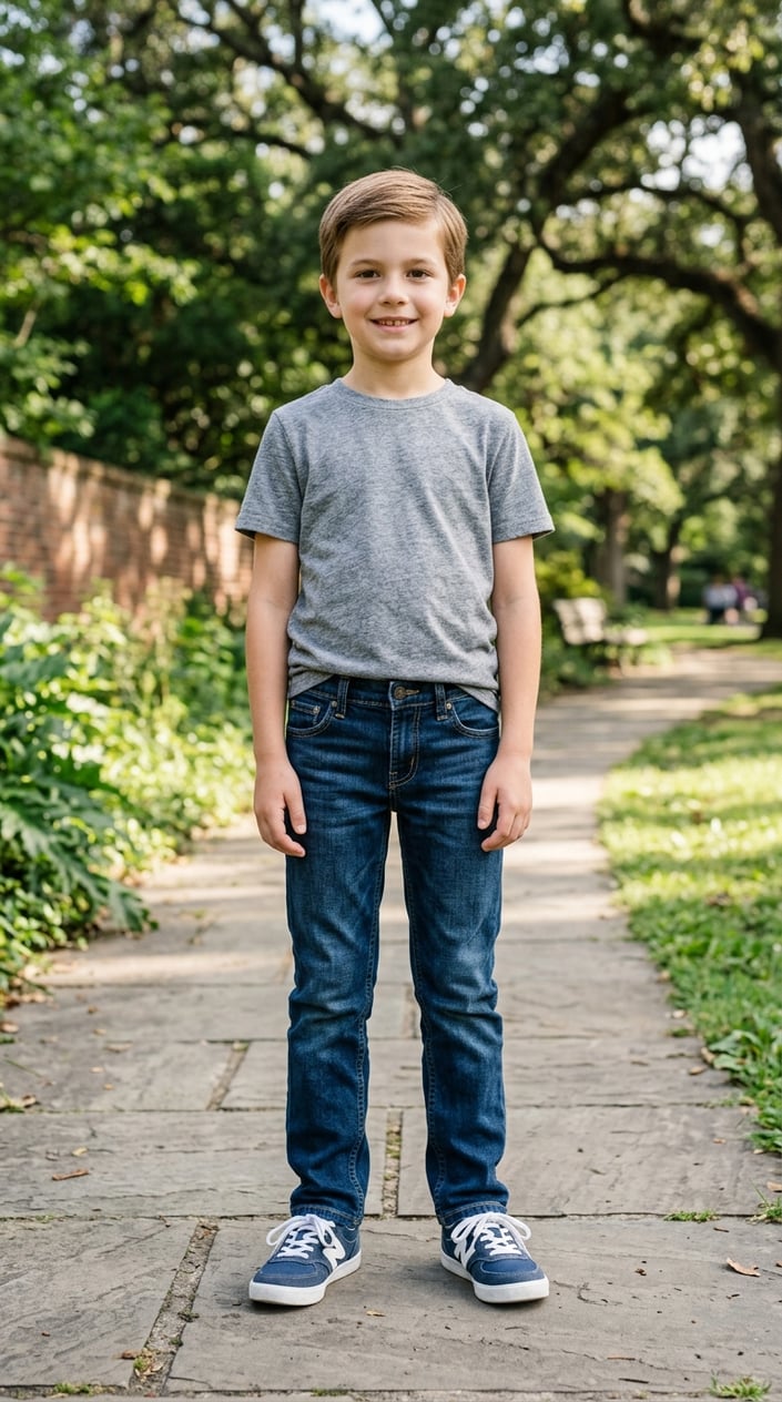 13 Little Boy Outfit Staples for Dads Who Refuse to Shop the Character Section 4 A young boy standing outdoors wearing dark wash straight-leg jeans and a plain t-shirt.