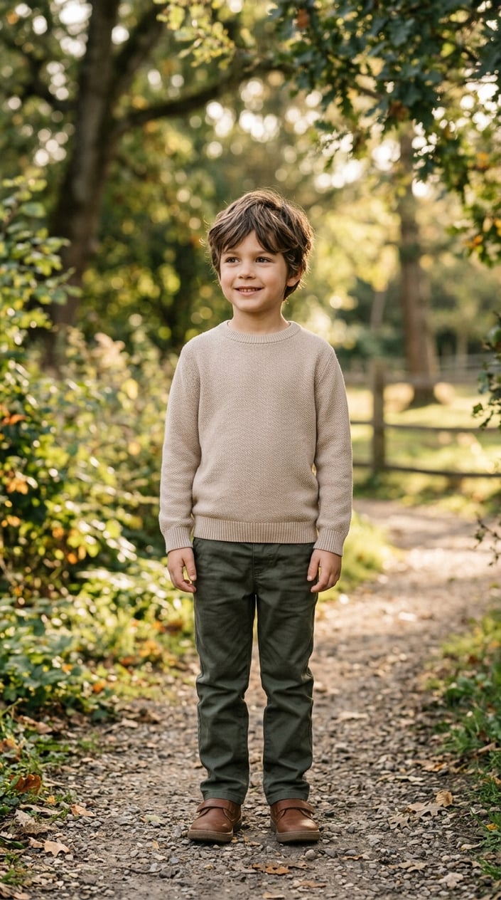 13 Little Boy Outfit Staples for Dads Who Refuse to Shop the Character Section 5 A young boy wearing a neutral crewneck sweater stands outdoors with greenery in the background.