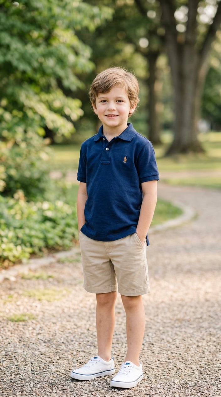 13 Little Boy Outfit Staples for Dads Who Refuse to Shop the Character Section 6 A young boy wearing a navy polo shirt and khaki pants stands outdoors with a smile.