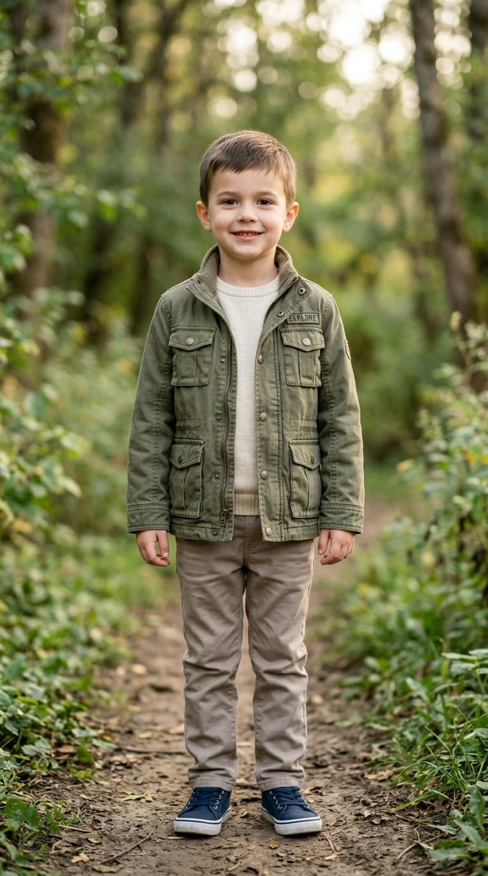 13 Little Boy Outfit Staples for Dads Who Refuse to Shop the Character Section 7 A young boy wearing an olive green utility jacket standing outdoors with a blurred green background.