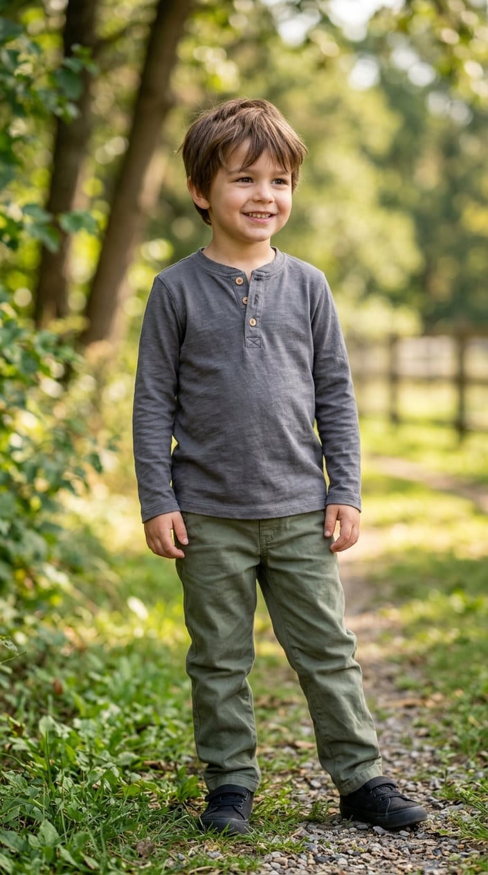 13 Little Boy Outfit Staples for Dads Who Refuse to Shop the Character Section 8 A young boy wearing a gray Henley shirt stands outdoors with a happy expression and a blurred natural background.