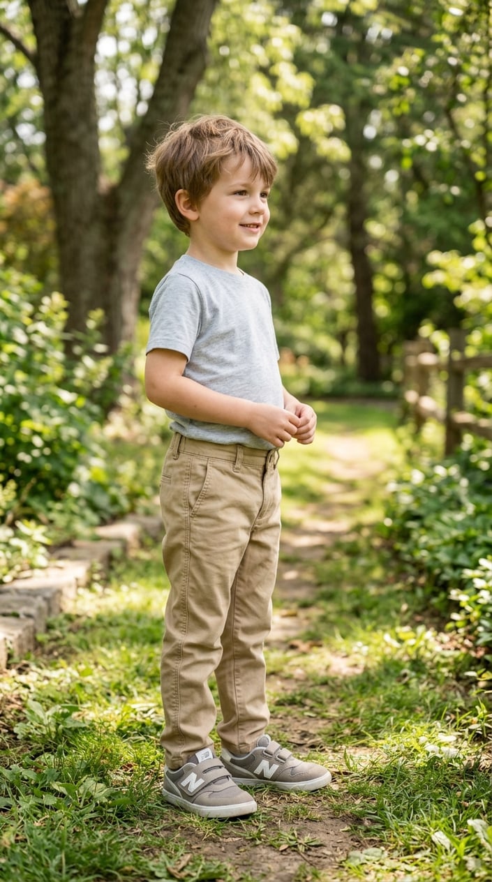 13 Little Boy Outfit Staples for Dads Who Refuse to Shop the Character Section 9 A young boy wearing khaki chino pants and a light shirt stands outdoors on grass, smiling gently.