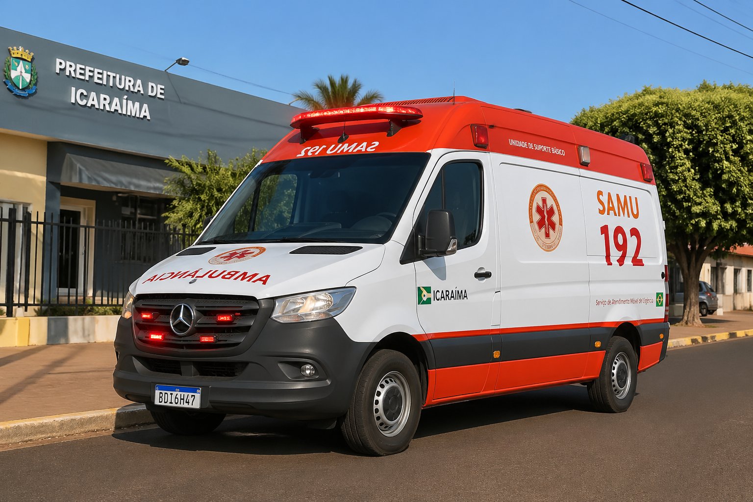 Uma ambulância moderna estacionada em uma rua limpa de Icaraíma, com prédios e árvores ao fundo sob céu azul.