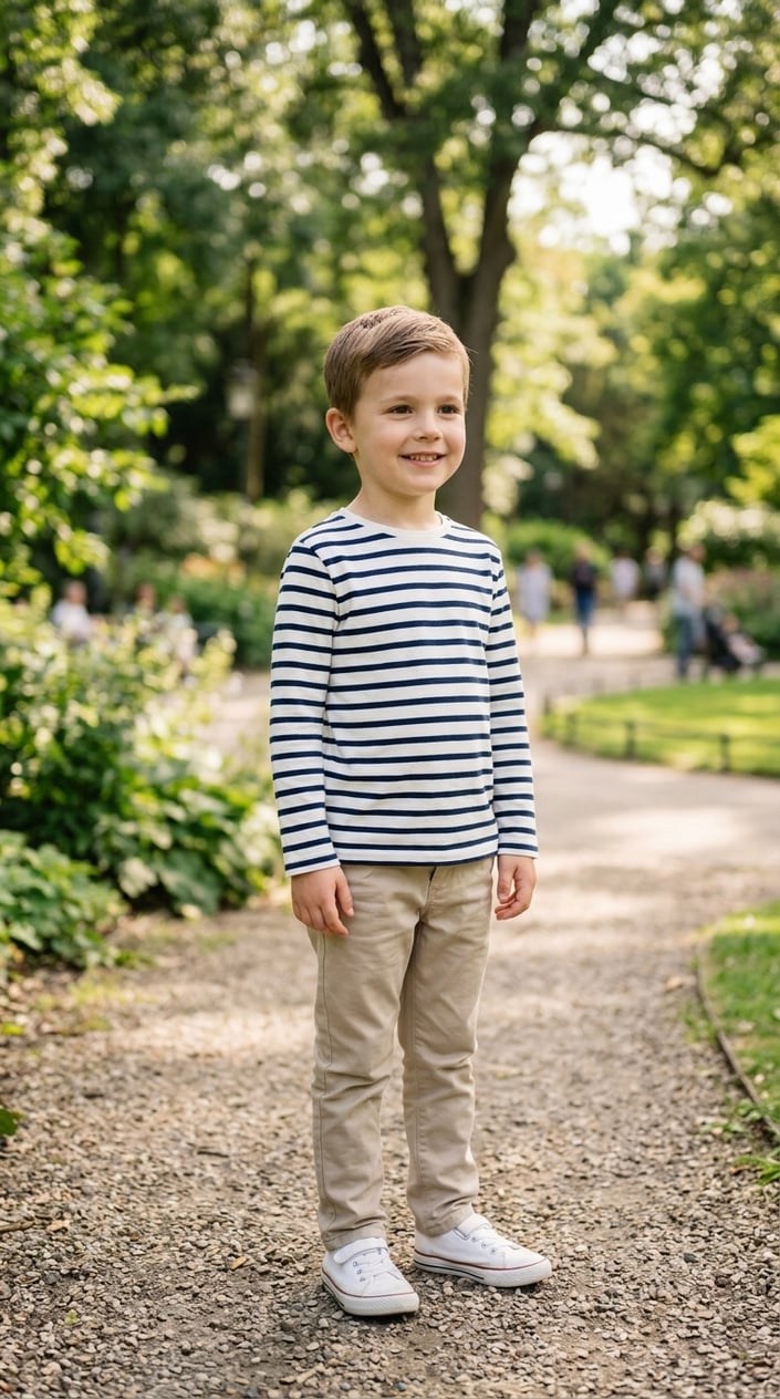 13 Little Boy Outfit Staples for Dads Who Refuse to Shop the Character Section 10 A young boy wearing a striped navy and white shirt standing outdoors with a green background.