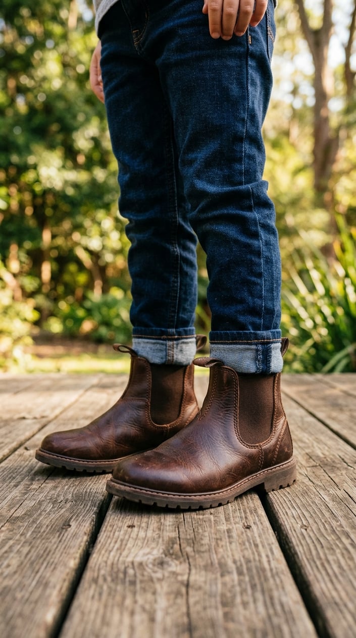 13 Little Boy Outfit Staples for Dads Who Refuse to Shop the Character Section 12 Close-up of a little boy wearing brown leather Chelsea boots and dark jeans, standing outdoors on a wooden deck.