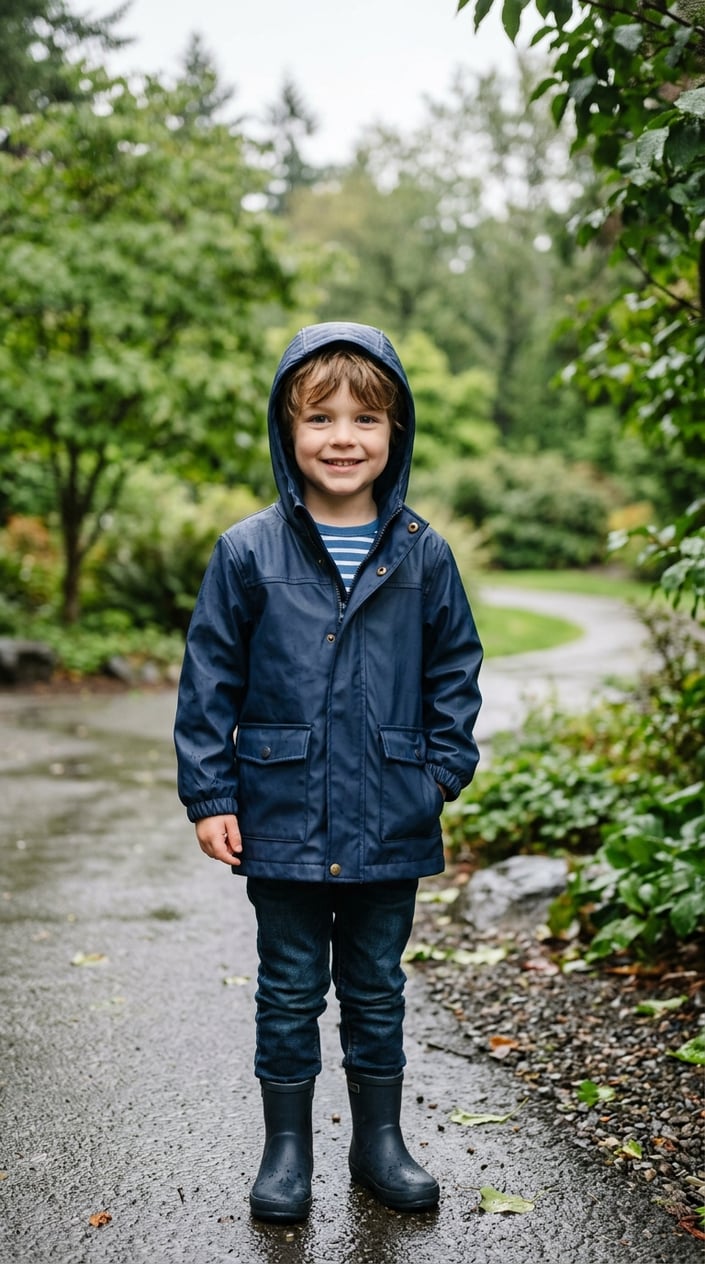 13 Little Boy Outfit Staples for Dads Who Refuse to Shop the Character Section 13 A young boy wearing a navy raincoat with a hood stands outdoors on a cloudy day, smiling gently.