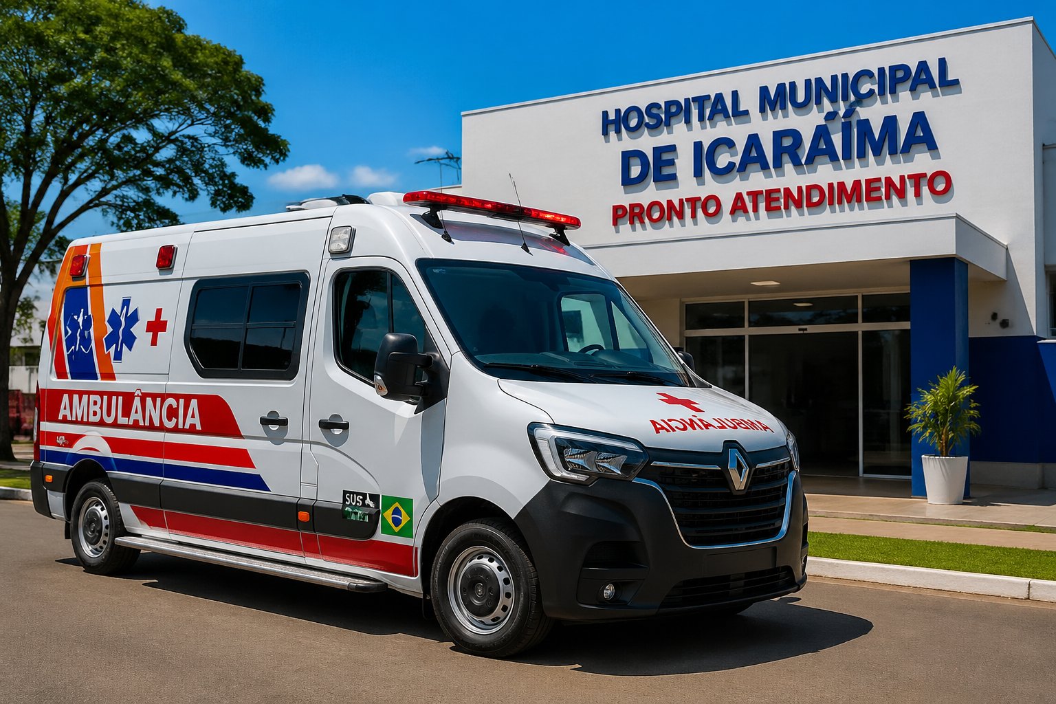 Ambulância nova estacionada em frente a um hospital moderno em Icaraíma, Brasil.