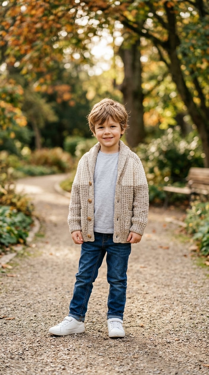 13 Little Boy Outfit Staples for Dads Who Refuse to Shop the Character Section 14 A young boy wearing a chunky knit cardigan and jeans stands outdoors in a park, smiling gently.