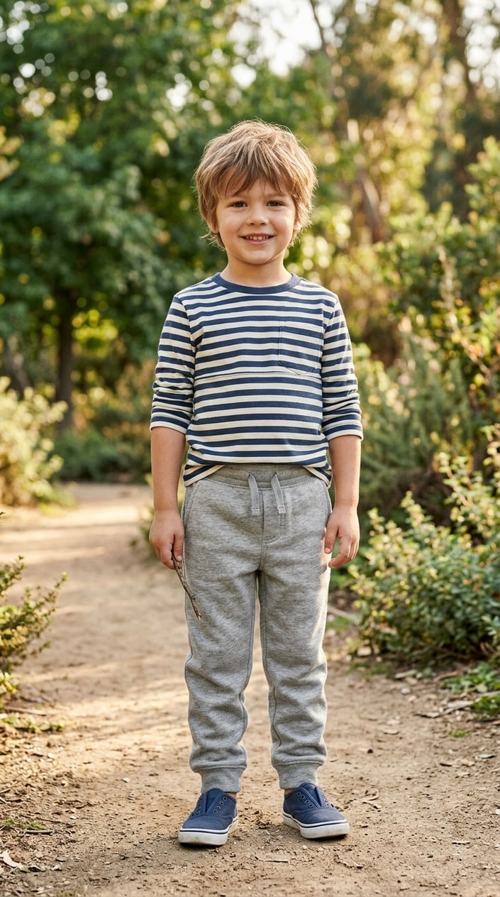 13 Little Boy Outfit Staples for Dads Who Refuse to Shop the Character Section 15 A young boy standing outdoors wearing light-colored soft cotton joggers and a casual top, smiling gently.