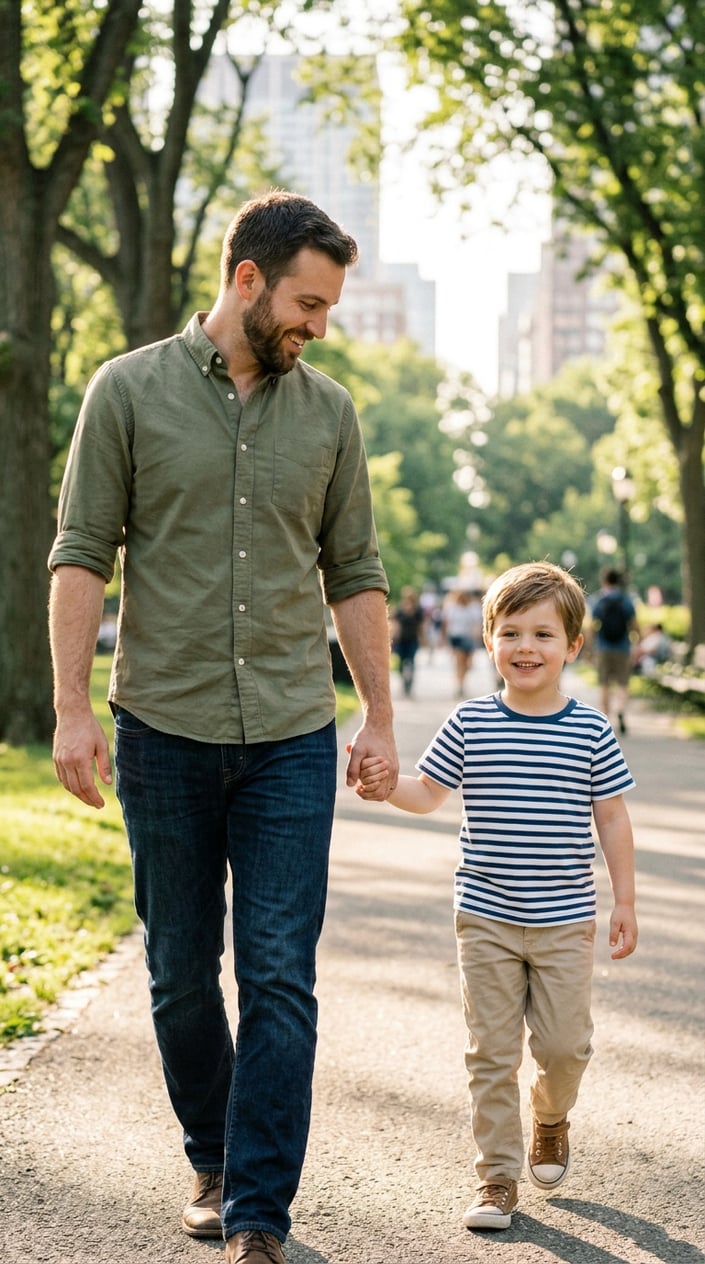 13 Little Boy Outfit Staples for Dads Who Refuse to Shop the Character Section 16 A father and his young son walking hand in hand outdoors, both wearing casual, simple clothes, smiling and enjoying a sunny day.
