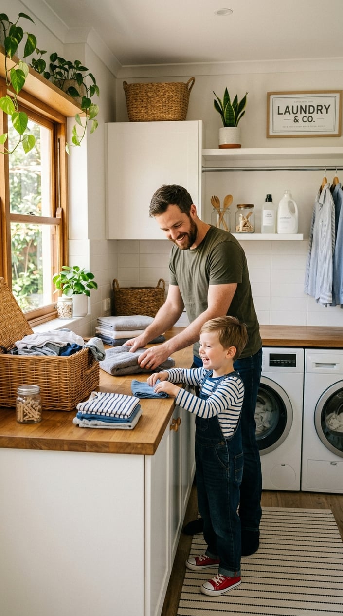 13 Little Boy Outfit Staples for Dads Who Refuse to Shop the Character Section 17 A father and his young son folding laundry together in a bright, organized laundry room.