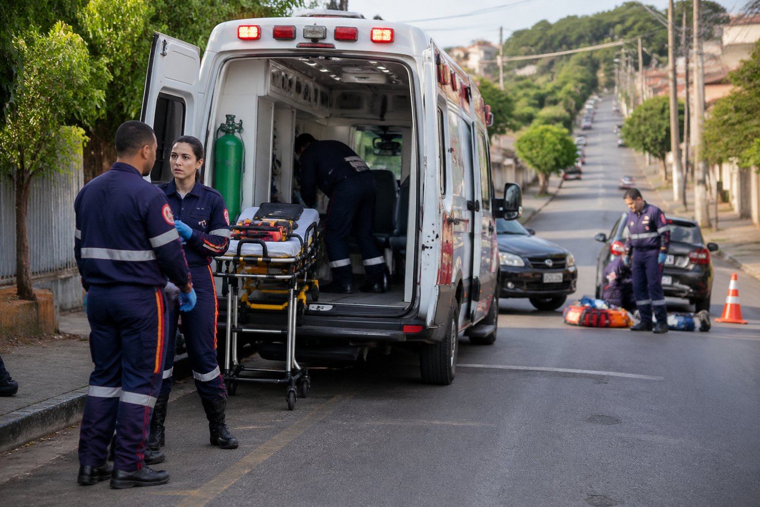 Ambulância estacionada em uma rua de Ivaté com paramédicos atendendo a uma emergência próximo a residências e árvores.