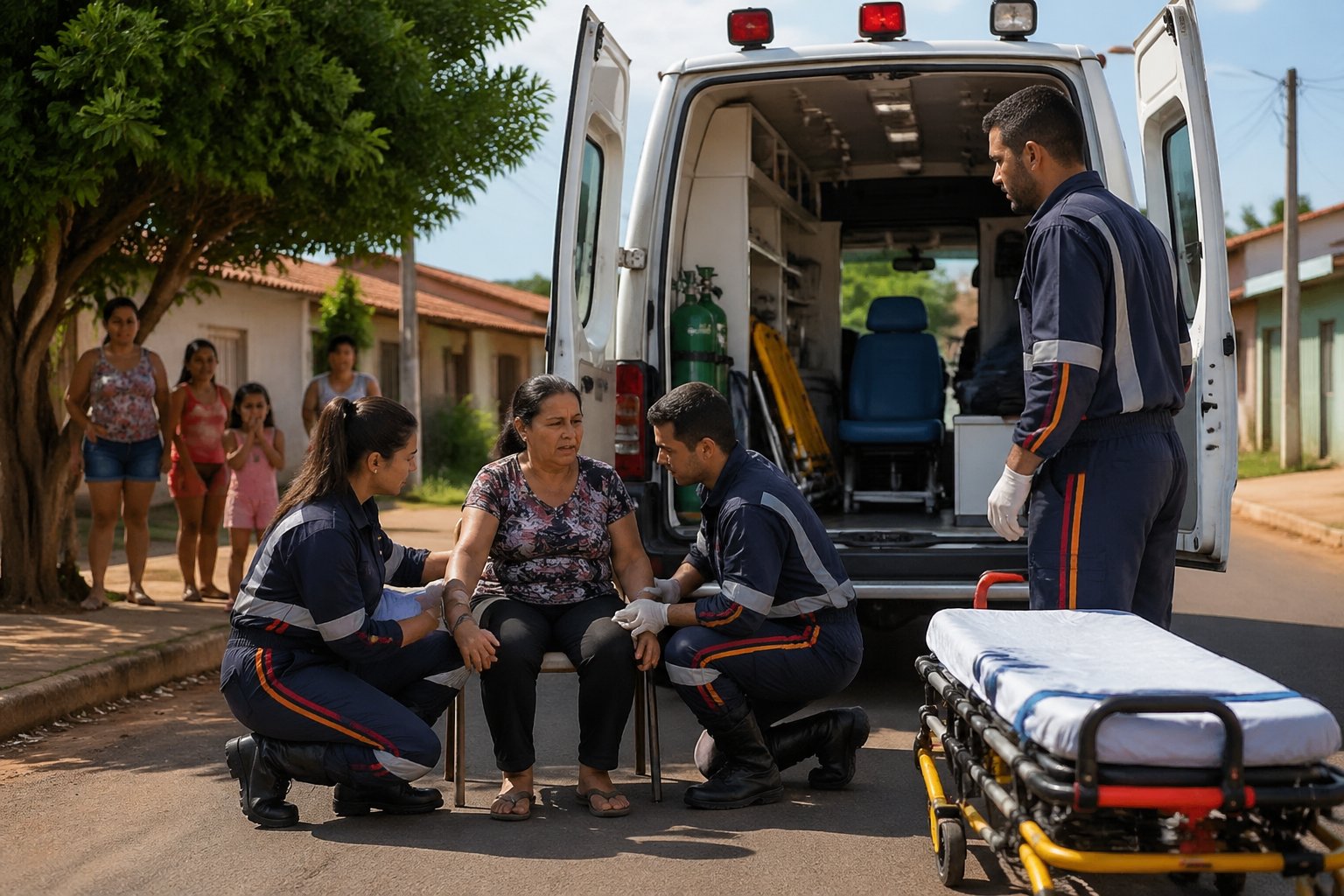 Ambulância estacionada na rua de Ivaté com socorristas atendendo uma pessoa da comunidade.