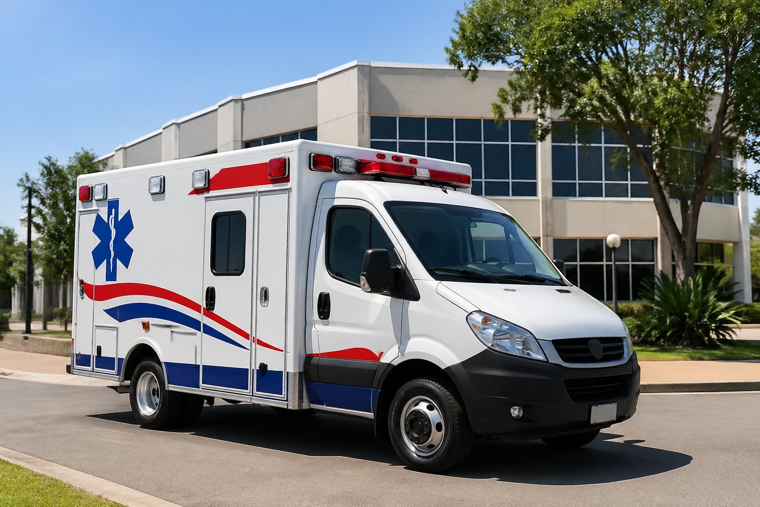 Ambulância branca moderna estacionada em frente a um prédio municipal em Douradina durante o dia.