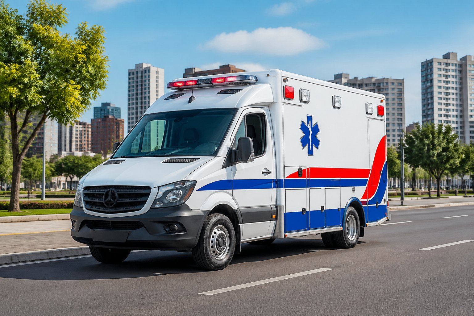 Ambulância moderna estacionada em uma rua urbana limpa em Nova Olímpia durante o dia, com prédios e árvores ao fundo.